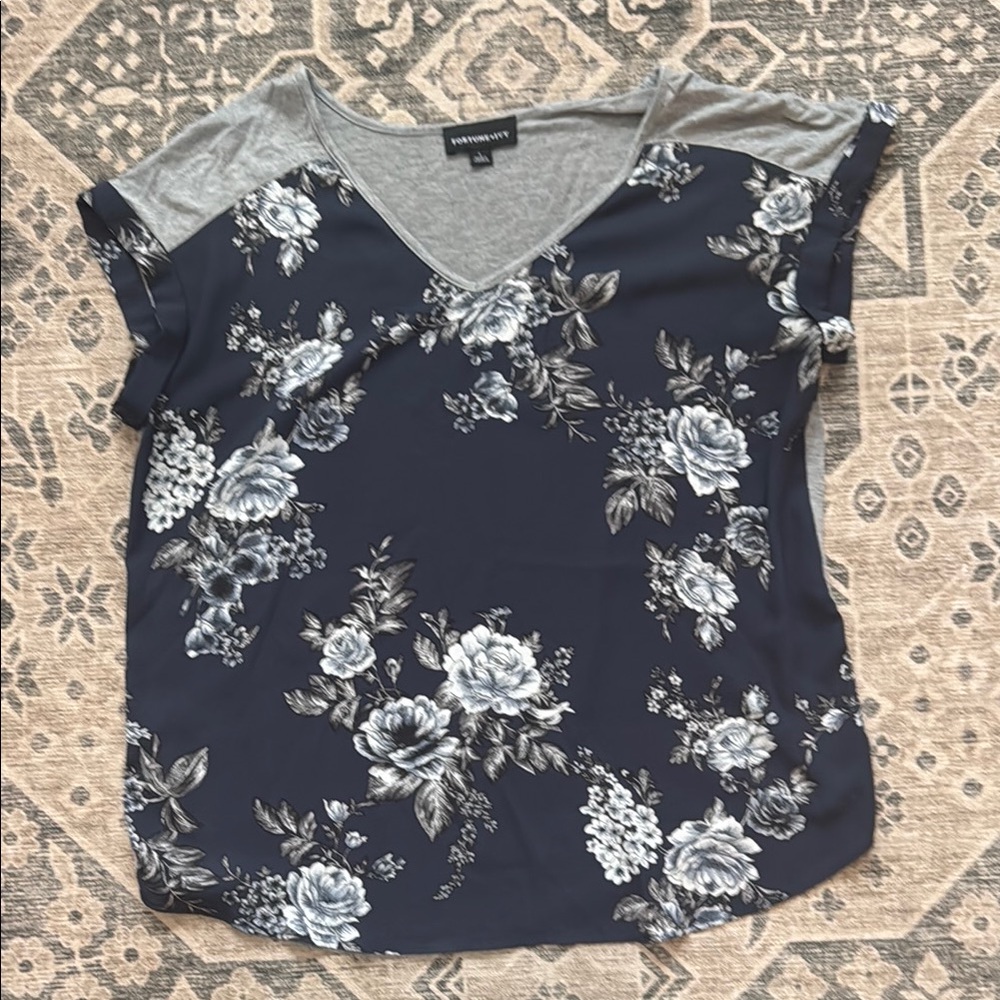 Mixed Fabric Blue and Gray Blouse